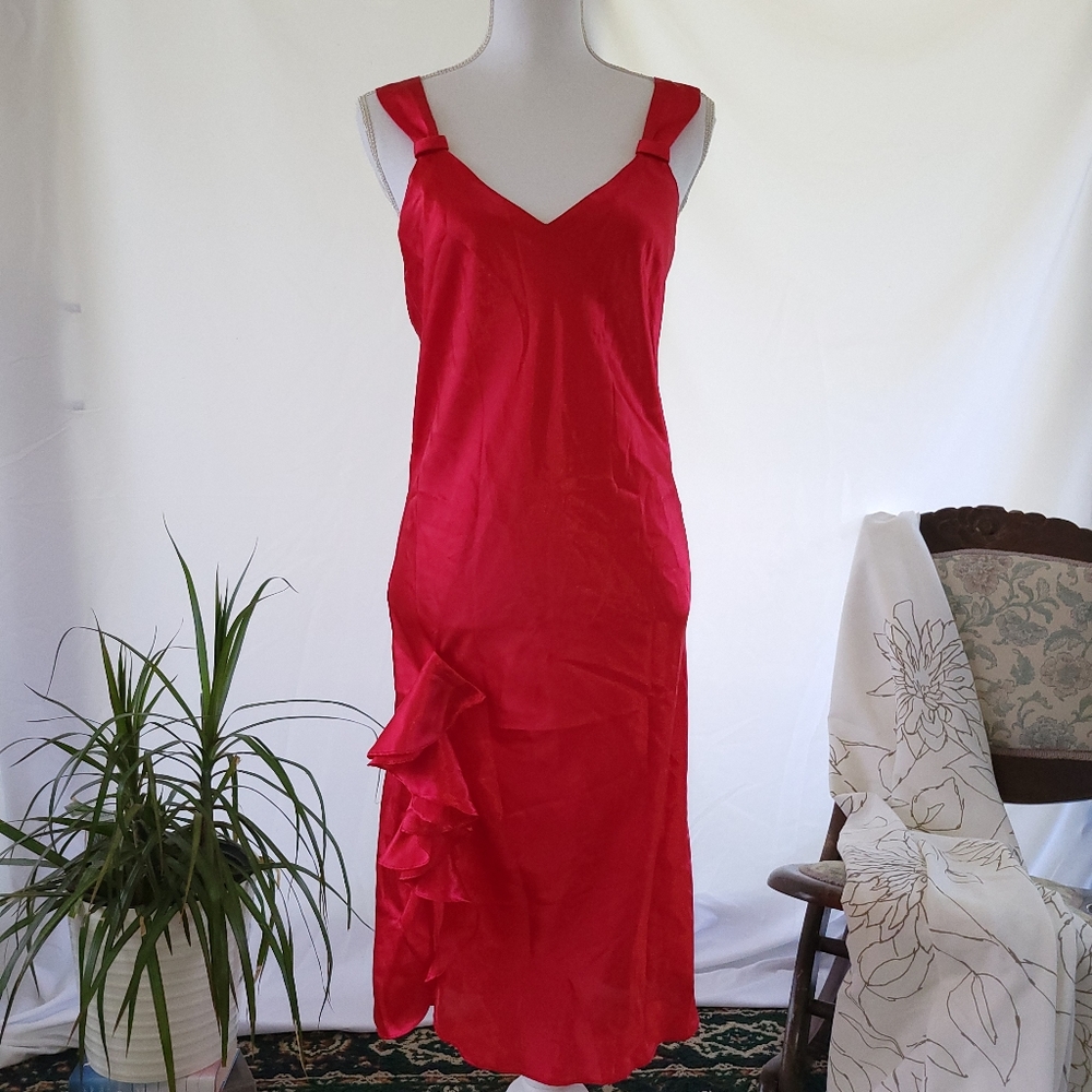 90s VTG Victoria Secret Red Ruffle Lingerie Slip Dress Gold Label Size Medium